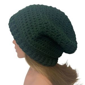 Hand Crochet Slouchy Beanie Winter Hat Large Forest Green